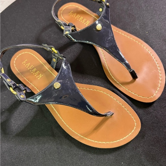 Lauren Ralph Lauren Womens Patsi T-Strap Thong Flat Sandals Size 8B Black Logo - Picture 3 of 8